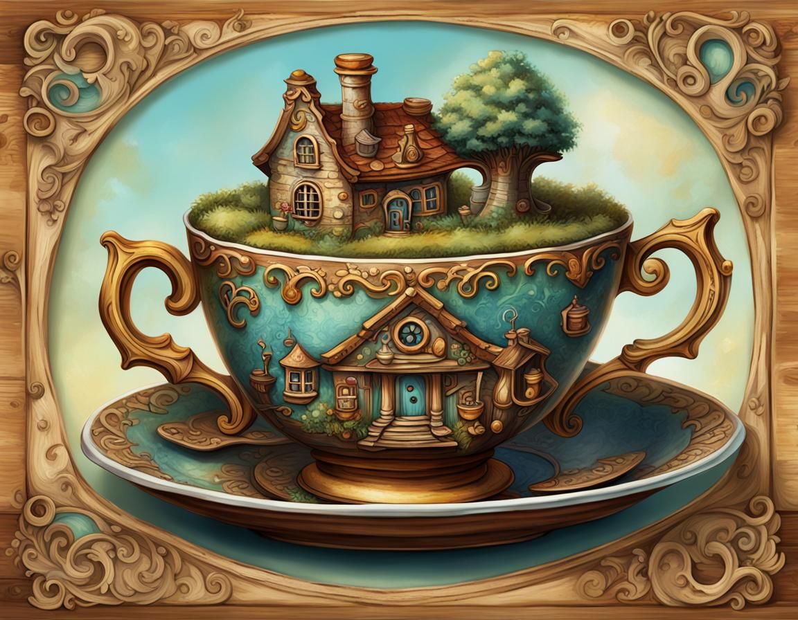 Mouse House Teacup in Steampunk Impasto Style