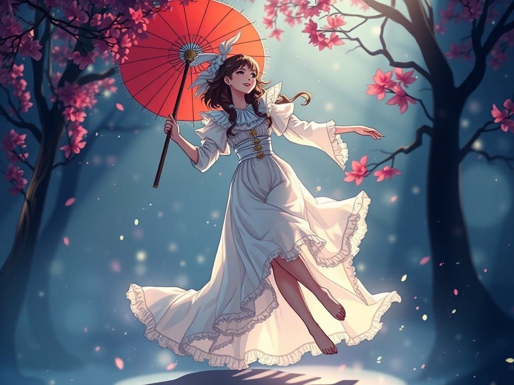 Ethereal Female Spirit Under Cherry Blossom Trees with Elega...