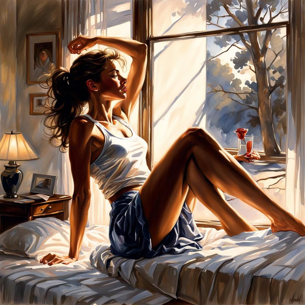 Girl Waking Up, Watercolor Style