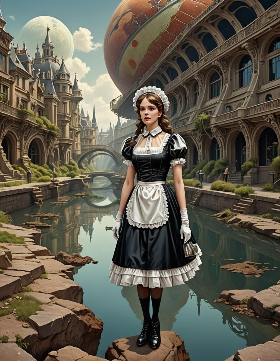 French Maid on Alien Planet in Art Nouveau Style