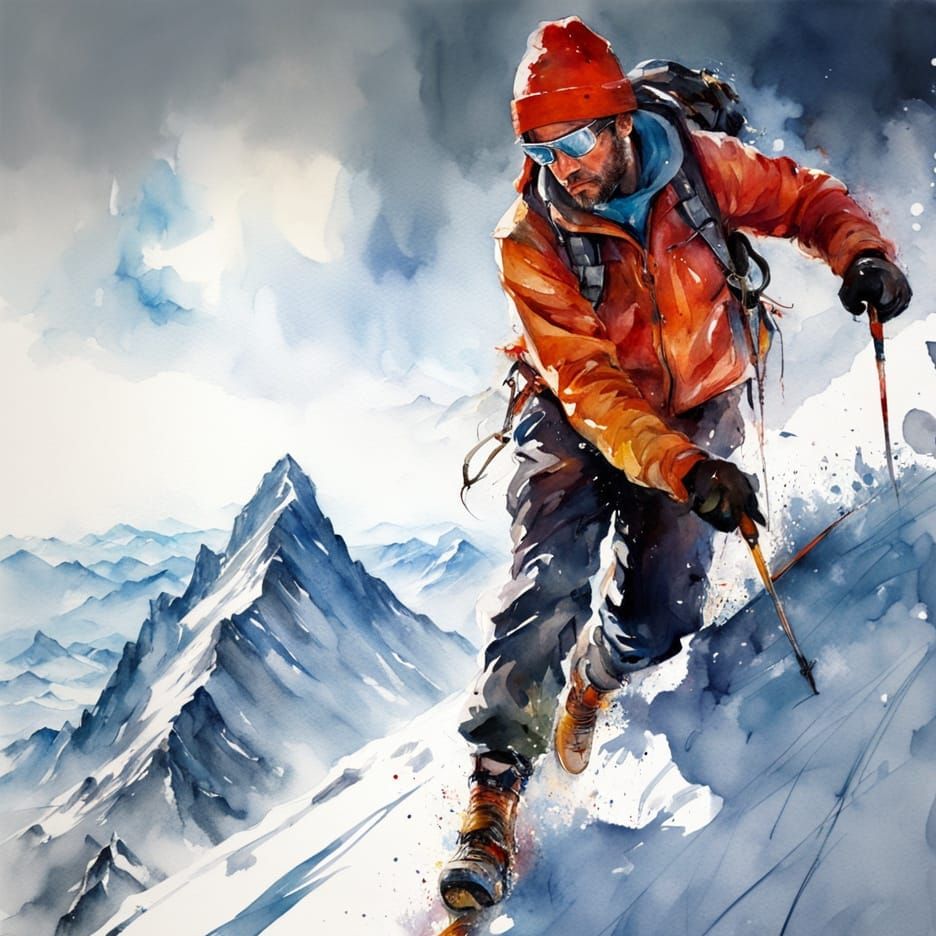 Lone Climber Ascends Swiss Alps in Dramatic Watercolour Styl...