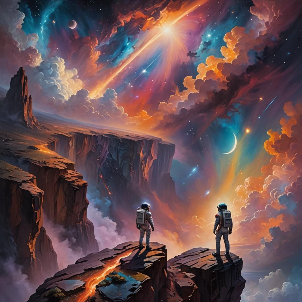 Winged Astronaut Overlooking Starry Expanse as Oil Painting