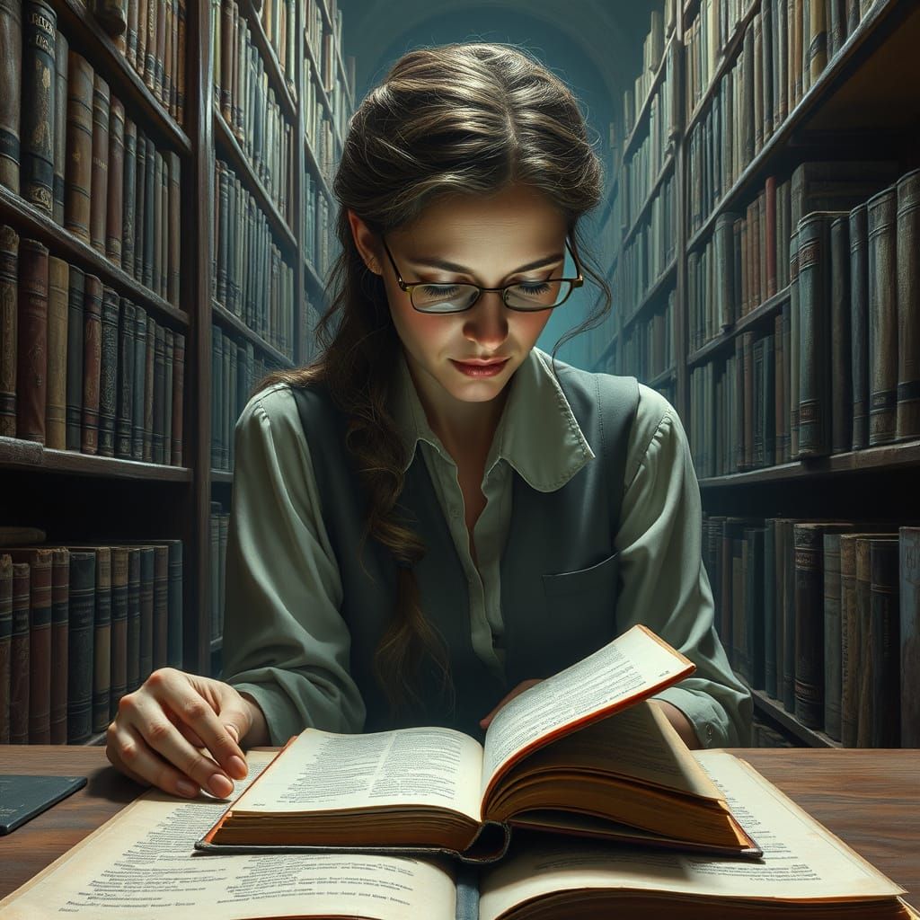 Elegant Woman Surrounded by Ancient Tomes in a State of Spir...