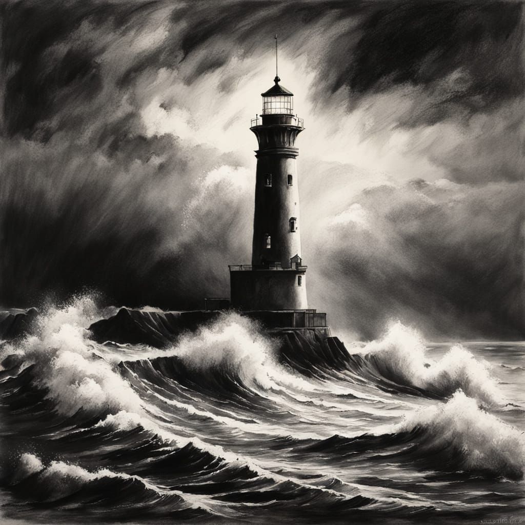 Stormy Seascape with Lone Lighthouse in Dramatic Contrast