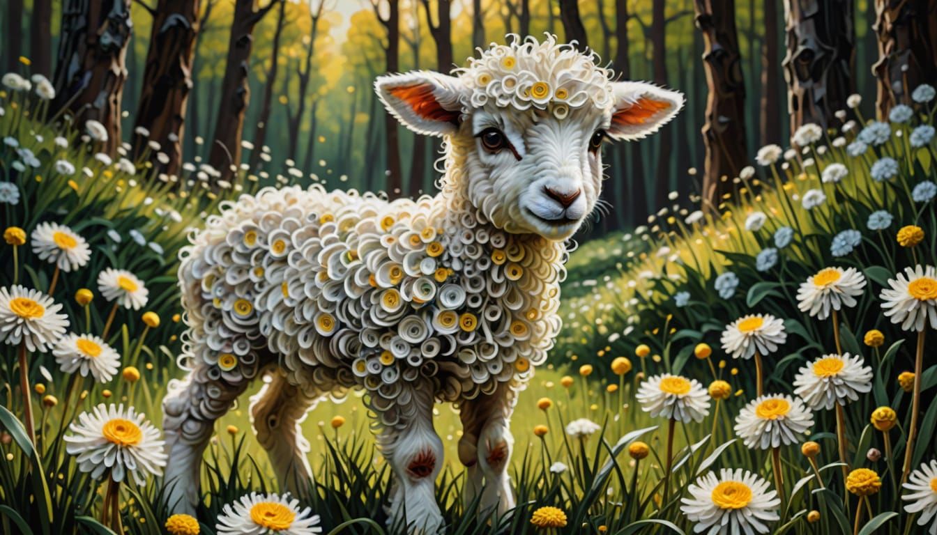 Surreal Impressionist Masterpiece of a Lamb in a Vibrant For...