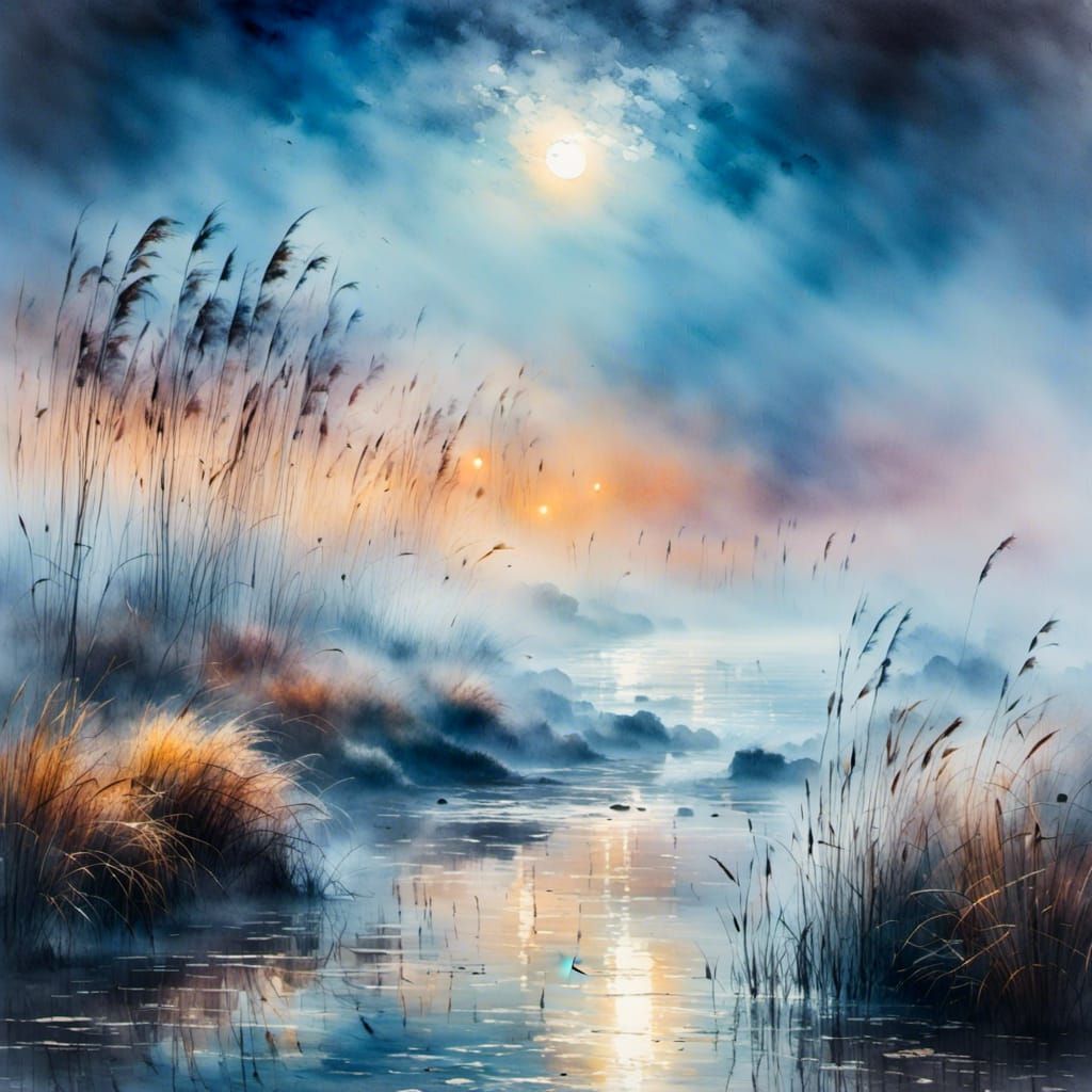 Misty Beach Landscape Painting in Monet Style