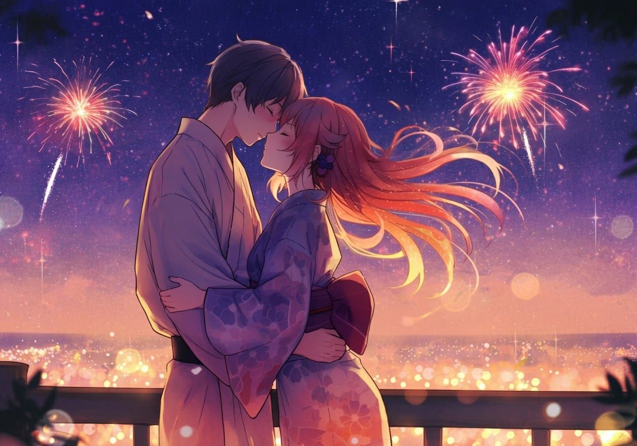 Anime Girl's Kiss at Fireworks Festival in Pastel Style
