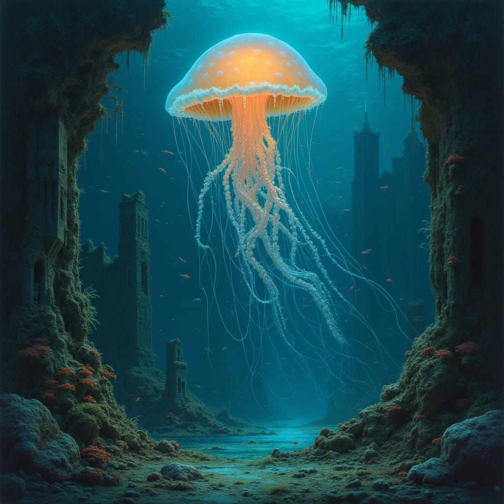 Bioluminescent Jellyfish in Sunken City Ruins
