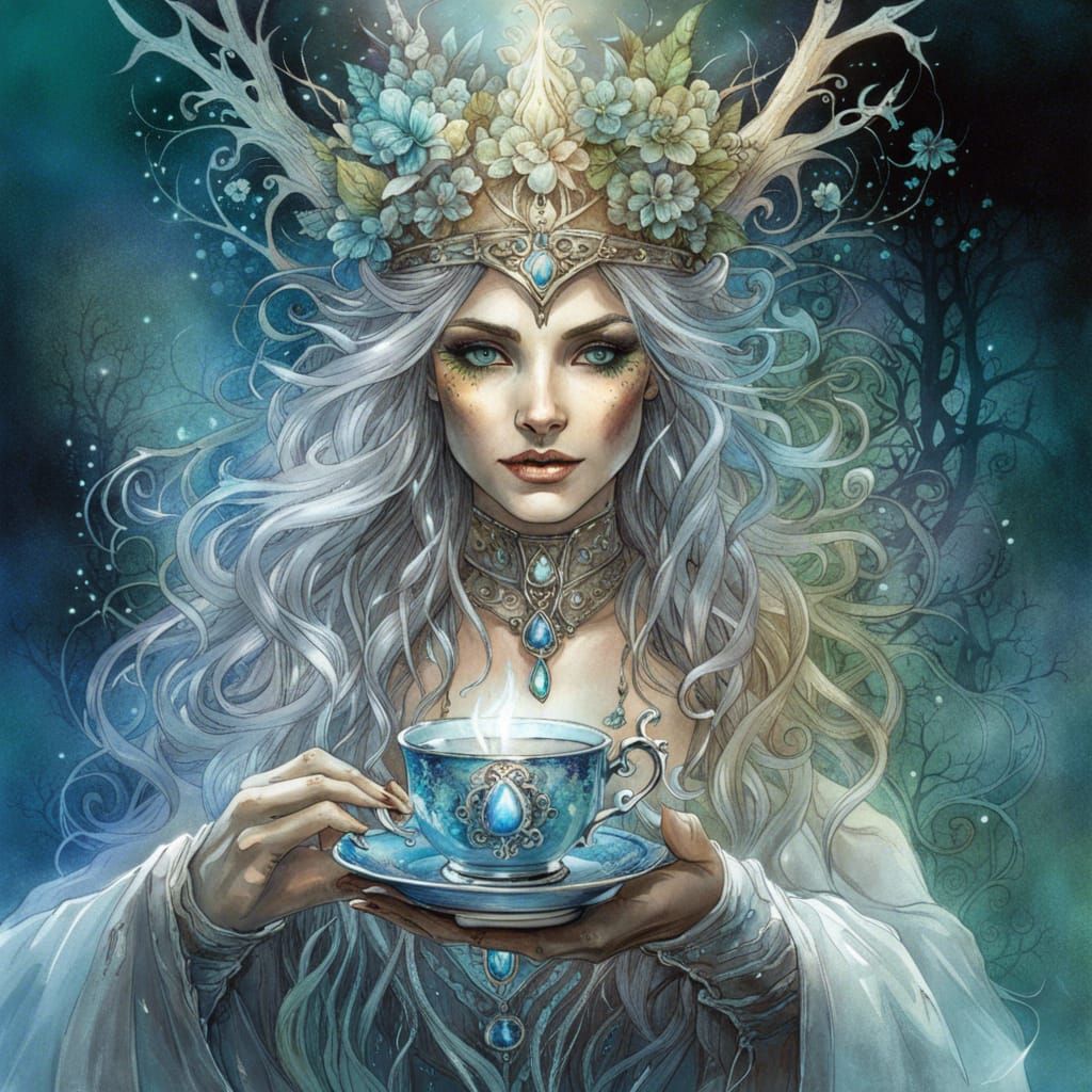 Smiling Elven Sorceress Drinking Tea in Ethereal Forest