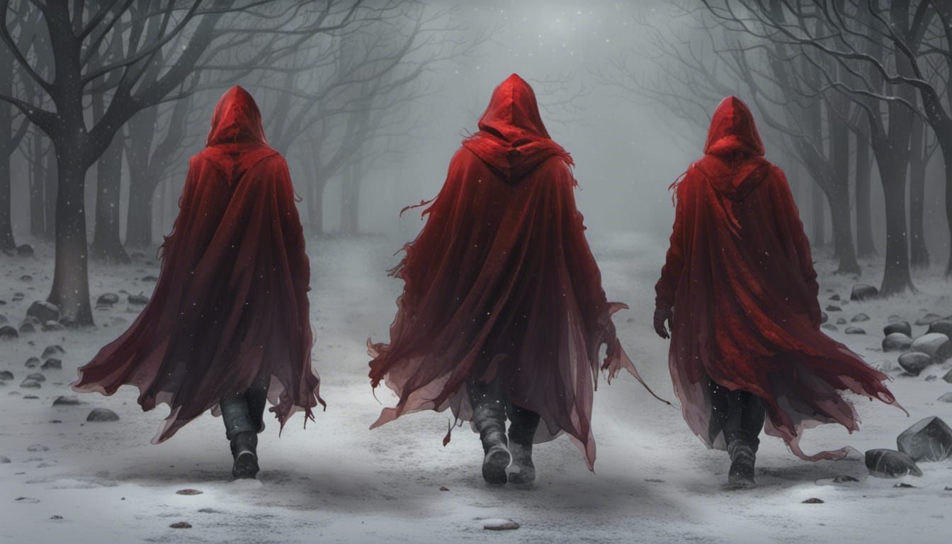 Red Hooded Figures in Winter Landscape
