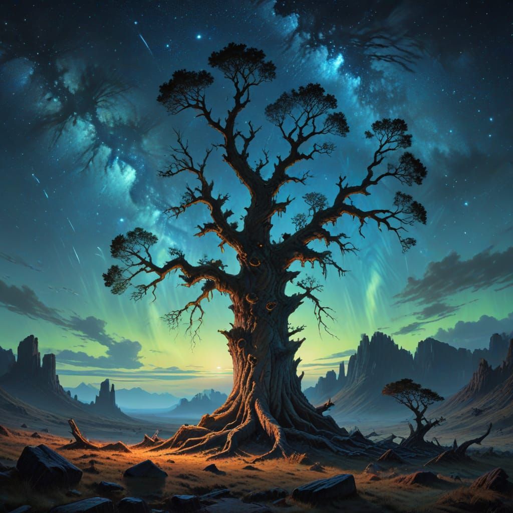 Cosmic Tree on Alien Planet in Romantic Style