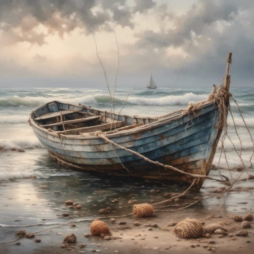 Fishing Boat on Open Sea: Hyperrealistic Oil Painting