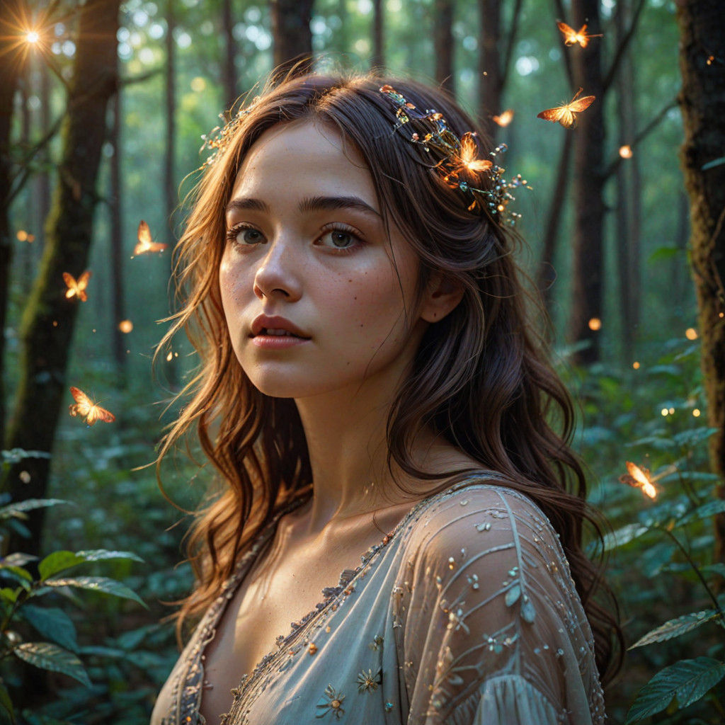 Ethereal Portrait of a Girl Amidst a Whimsical Forest
