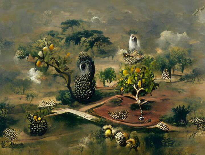 Owl Fruit Tree in Landscape Garden, Realist Oil Painting