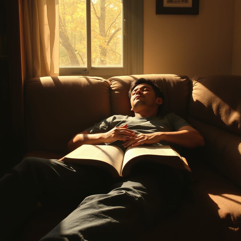 Man Sleeping on Sofa in Warm Sunlight