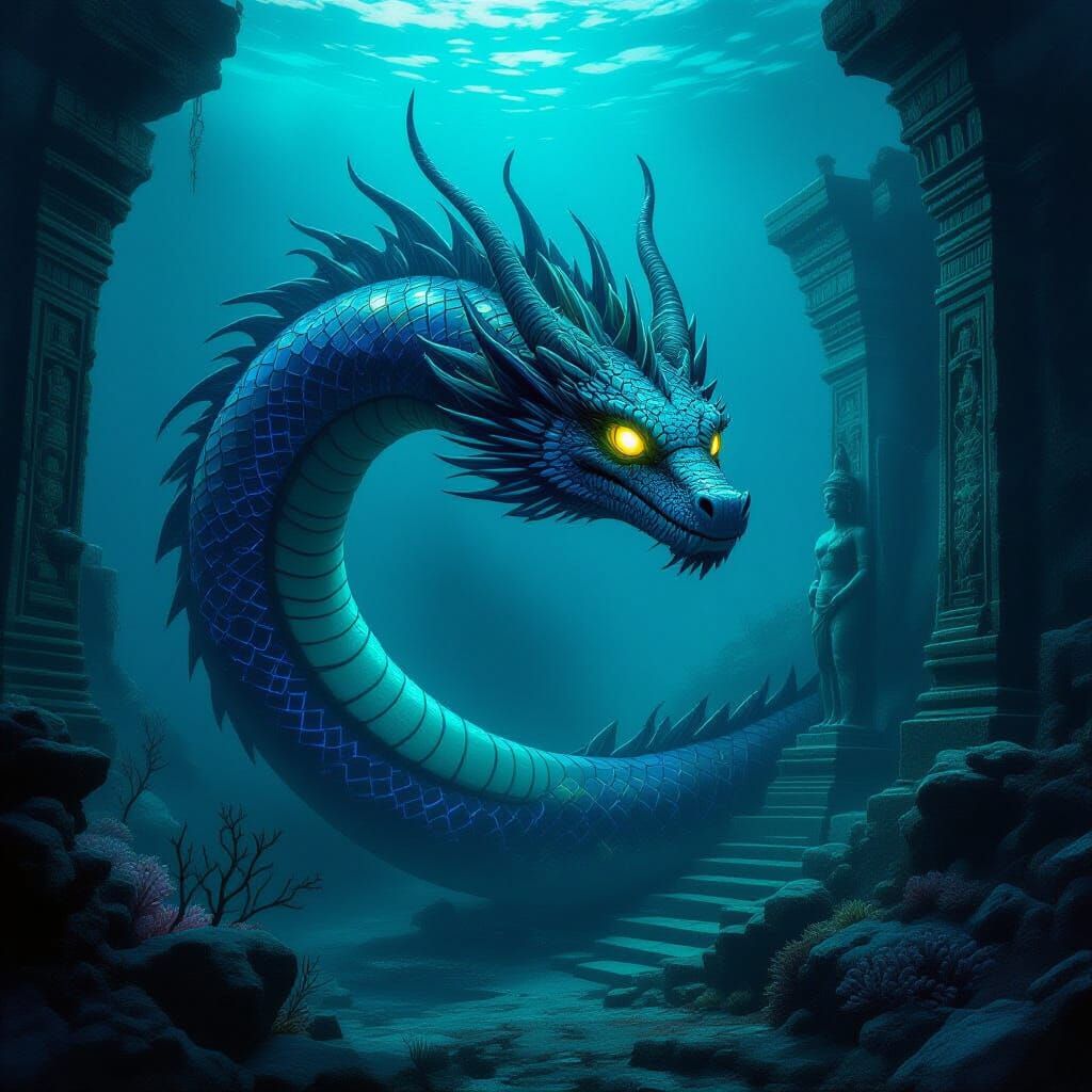 Bioluminescent Deep-Sea Dragon Coiled Around Underwater Ruin...