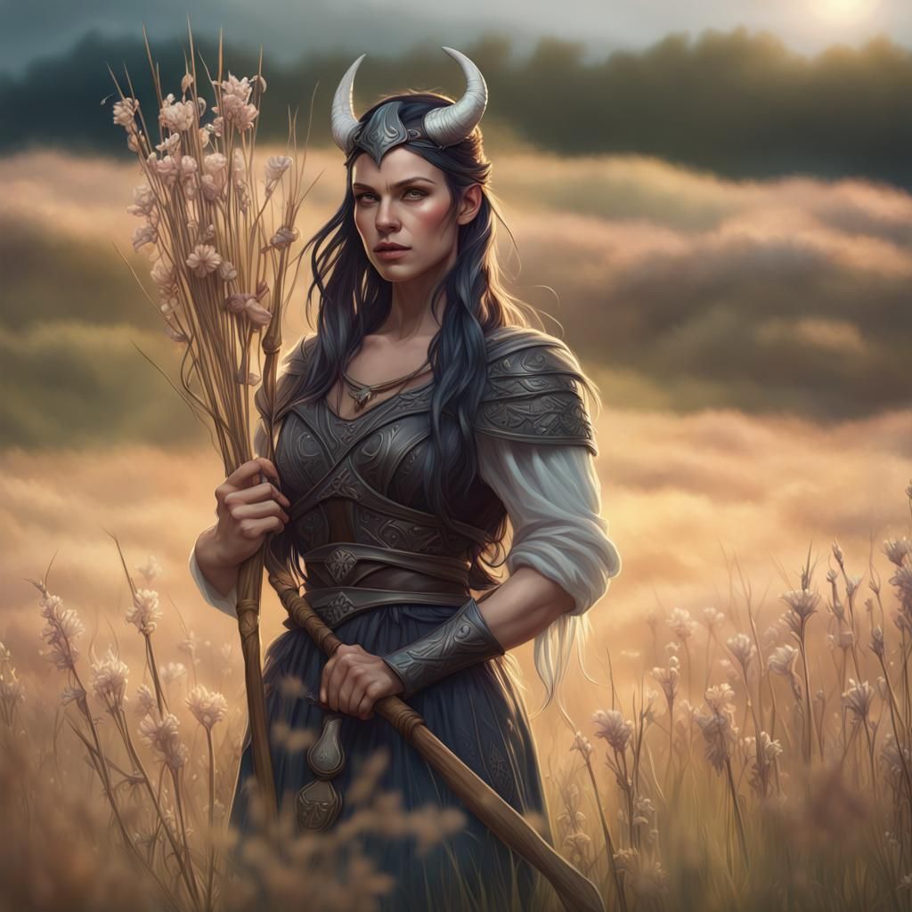 Viking Goddess Portrait in Flax Field