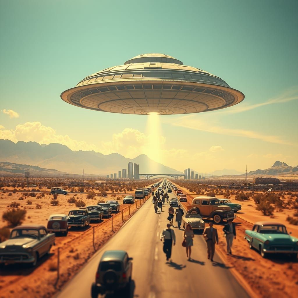 Gigantic Spaceship Looms Over Retro-Futuristic City