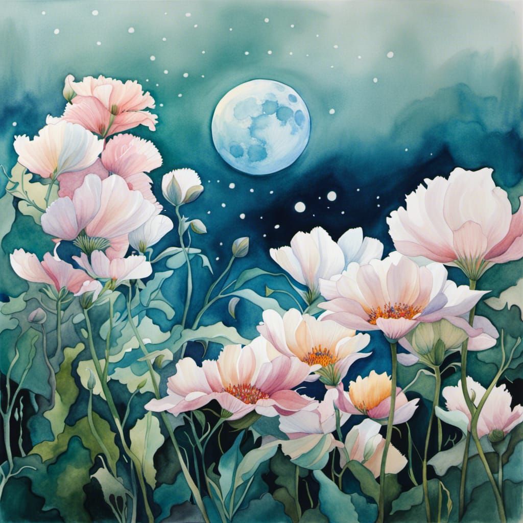 Botanical Flower Watercolor Painting Under Moonlight