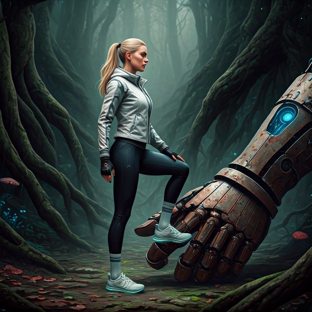 Robot Hand Grasps Woman's Ankle in Misty Forest
