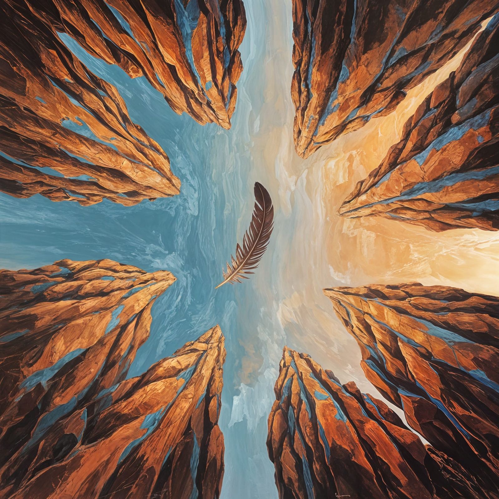 Canyon at Blue Hour with Feather, as Oil Painting