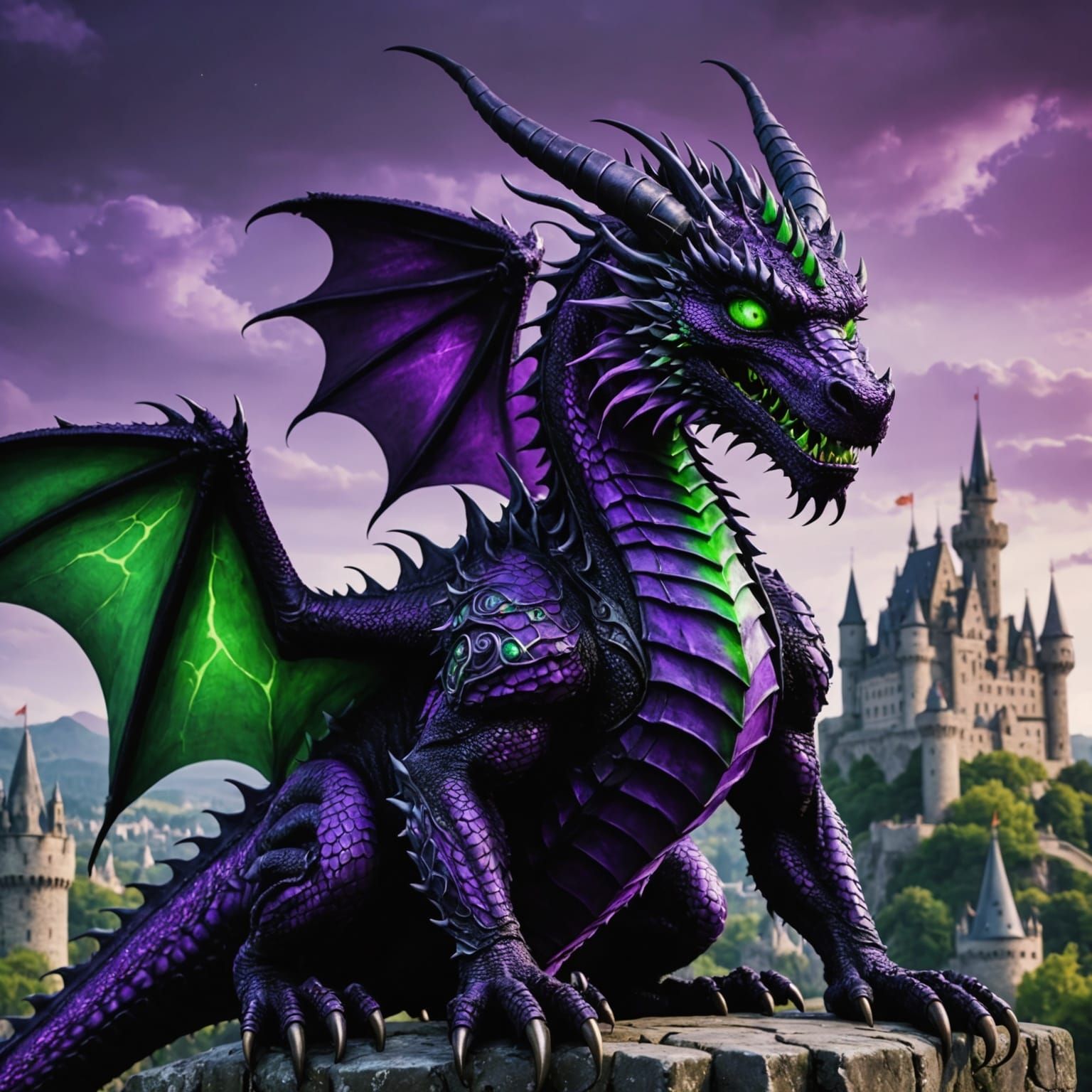 Purple and Black Dragon with Neon Green Eyes