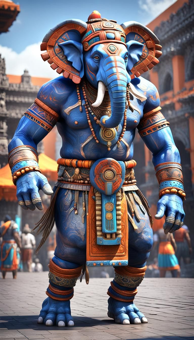 Elephant as Aztec Shaman in Cyberpunk Costume