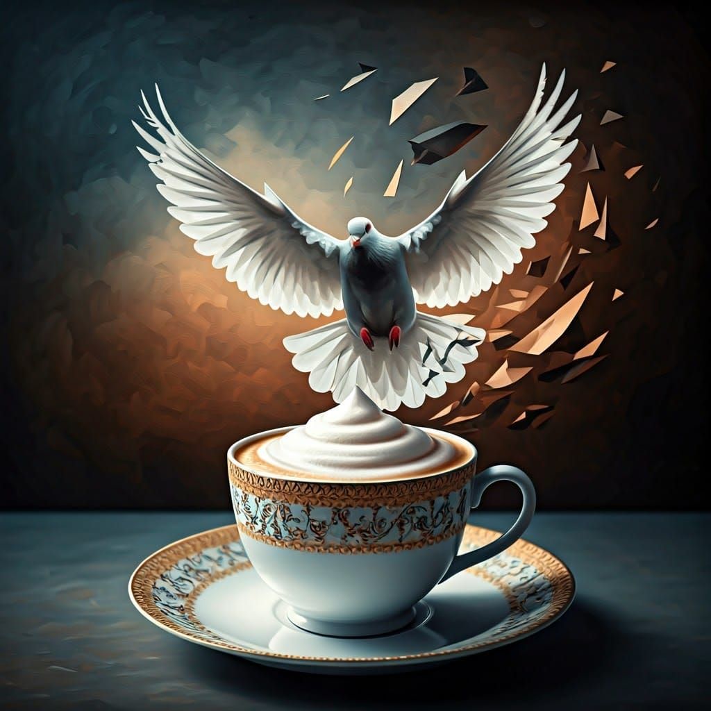 Cup of Cappuccino with Soaring Doves in Cubist Style