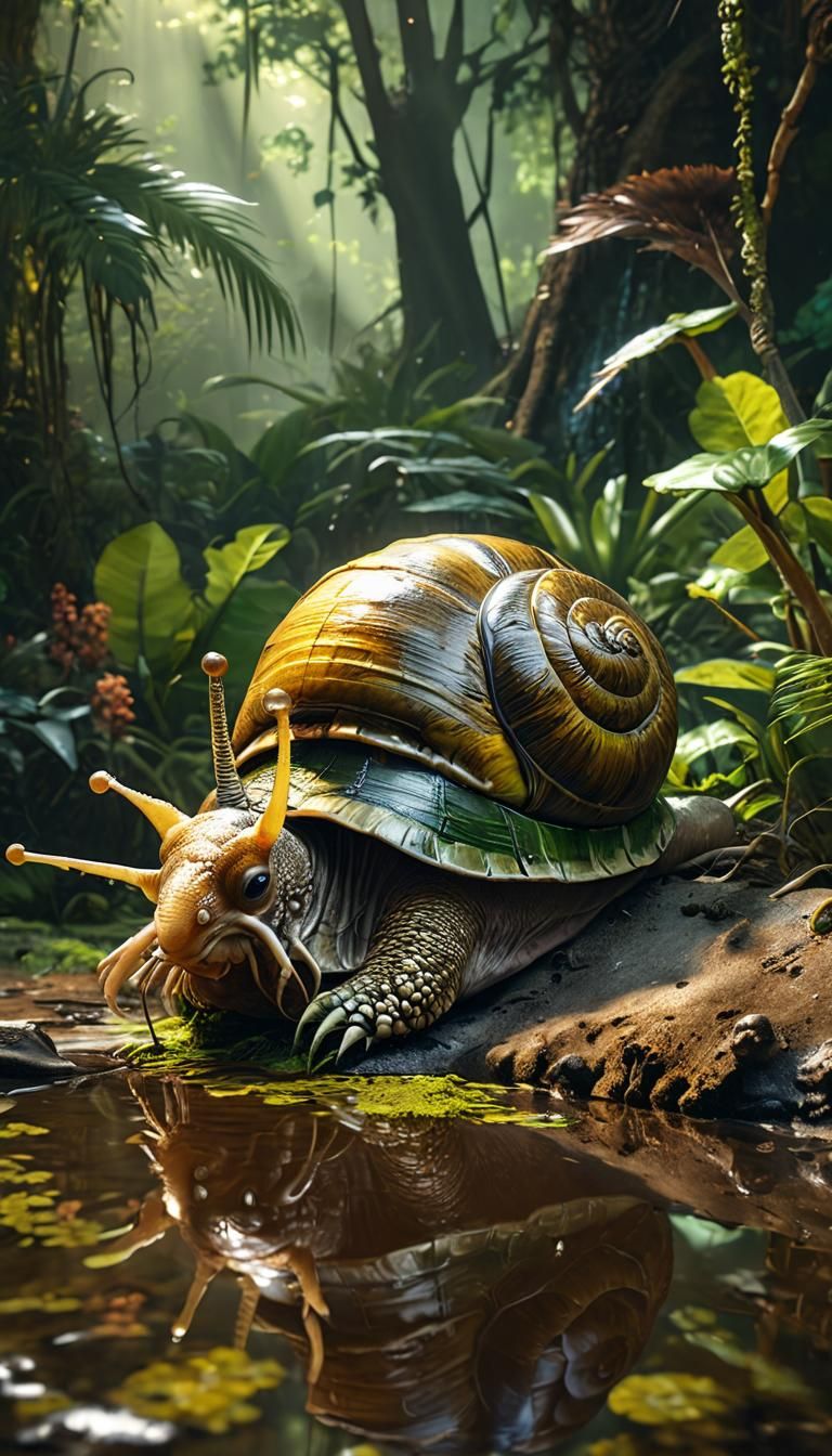Hyper-Realistic Snail Lama Mutant in Jungle Habitat