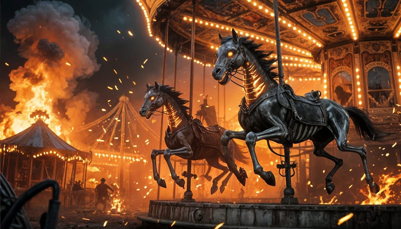 Nightmare Carousel of Skeletal Horses in Fiery Carnival