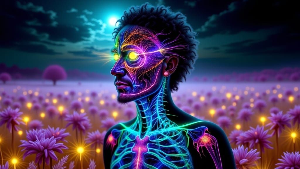 Fractal-Faced Man Emanating Rainbow Lightning