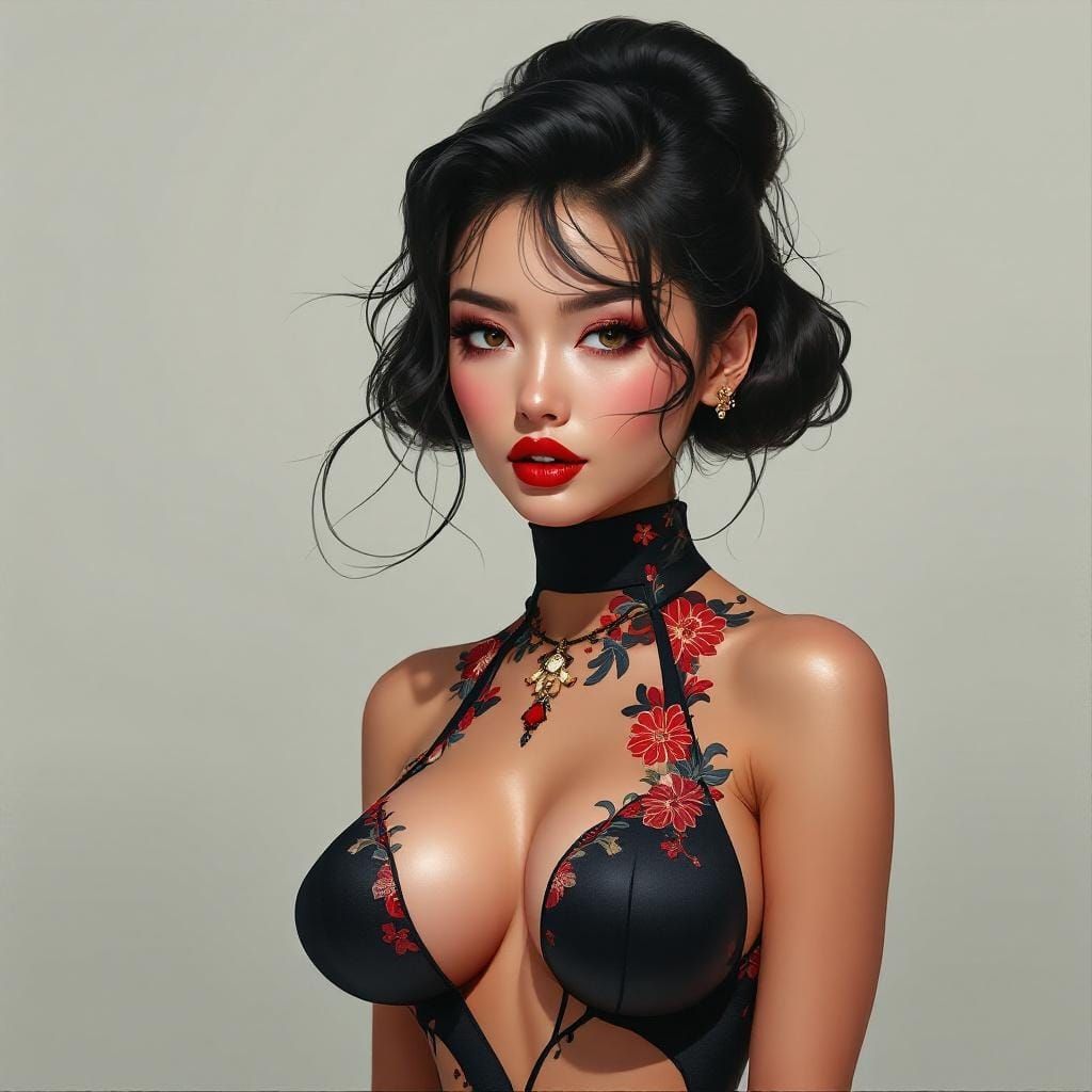 1950s Asian Pin-Up in Hyperrealistic Geometric Style