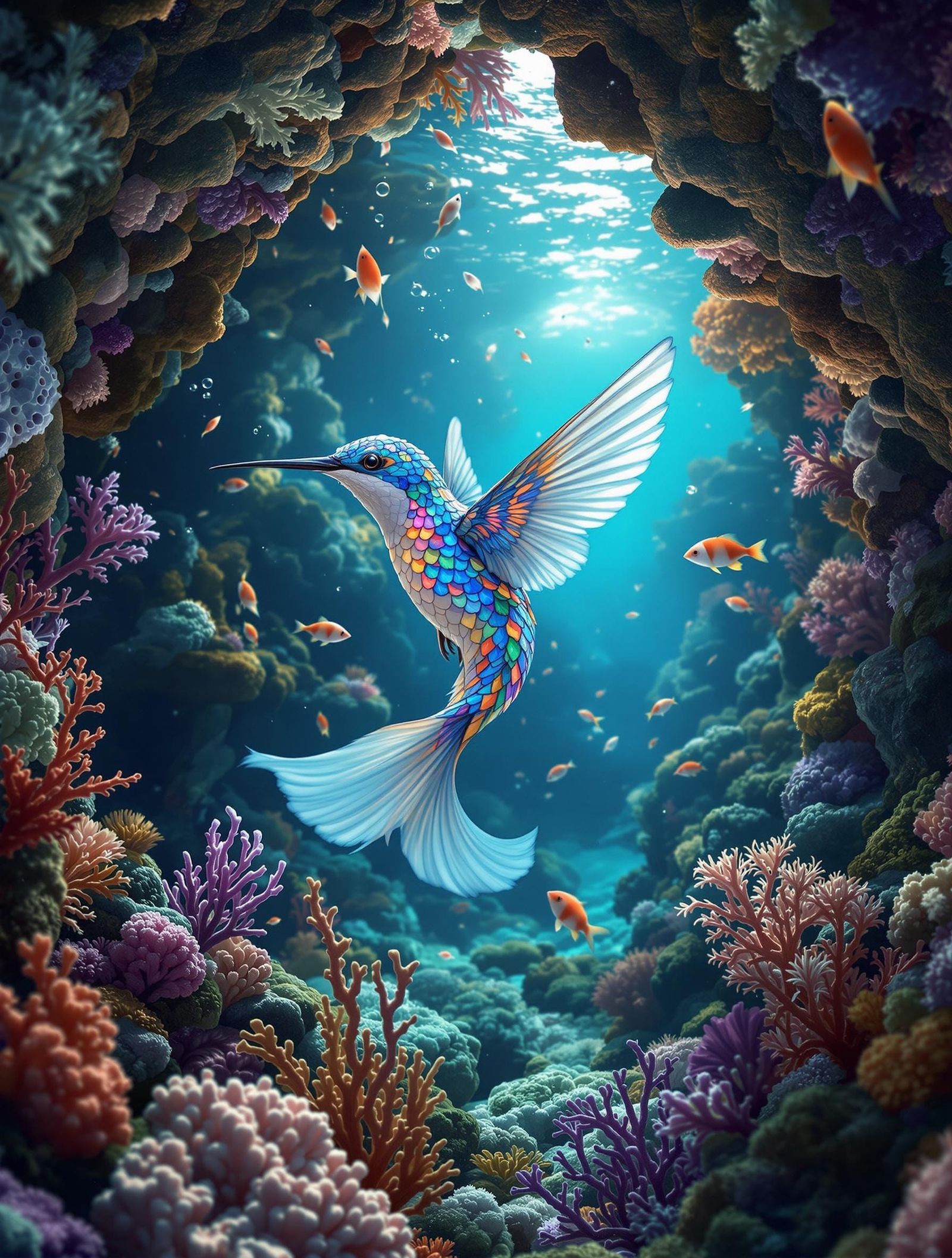 Hummingbird-Koi Hybrid in Underwater Grotto