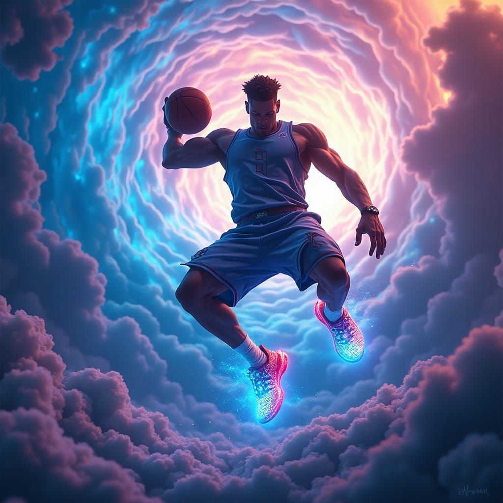 Basketball Player in Mid-Air: Futuristic Sci-Fi Art