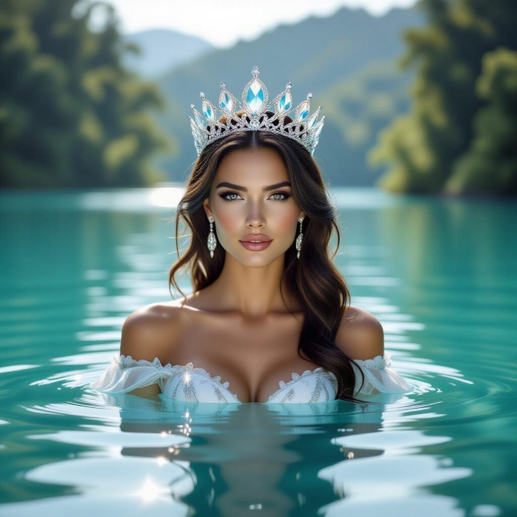 Serene Queen on Shimmering Lake, Crystal Crown, Hyper-Detail...