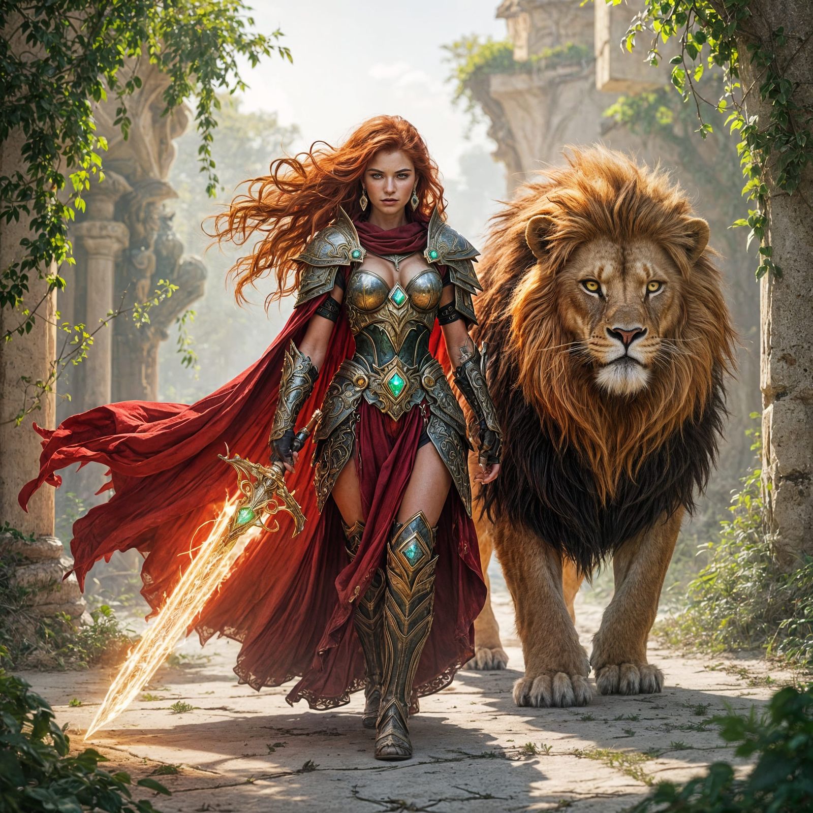 Warrior Princess and Lion in Ancient Courtyard
