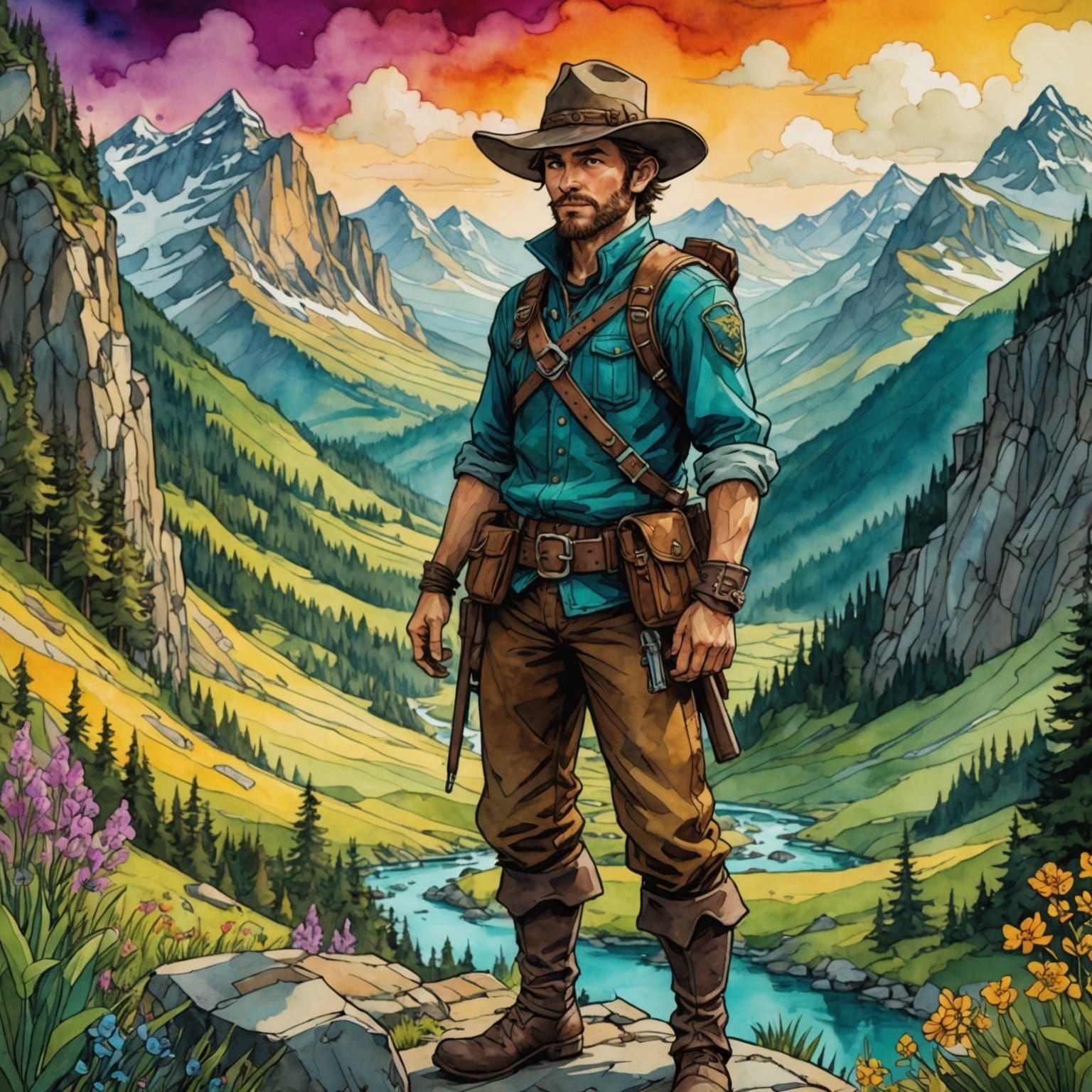 Anime Ranger in Mountain Valley, Alcohol Ink Style