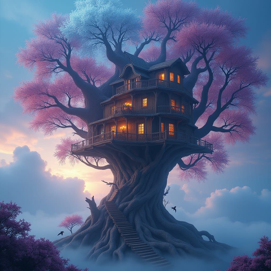 Mystical Treehouse in Dreamy Iridescent Sky