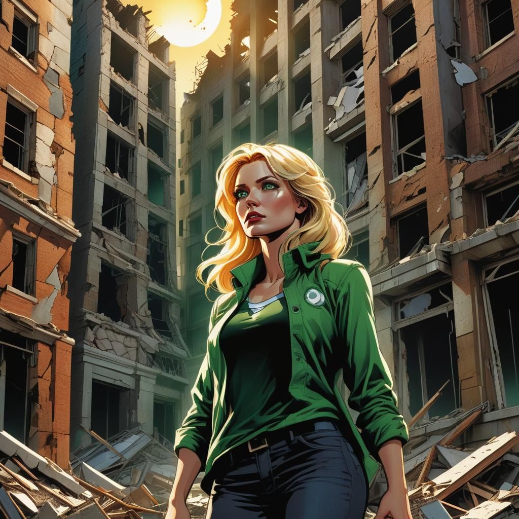 Woman in Ruined City: Comic Book Art