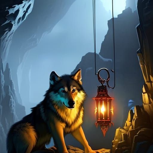 Wolf with Lantern in Dark Cave, Fantasy Art