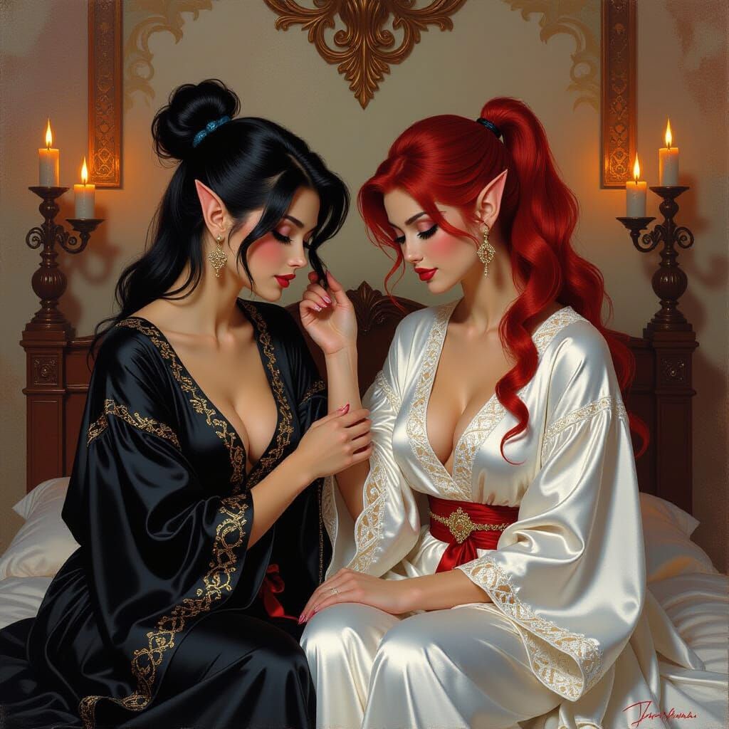 Elven Ladies in Boudoir as Fantasy Oil Painting
