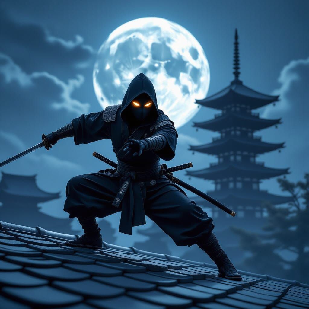 Ninja Animal on Moonlit Roof in Cinematic Style
