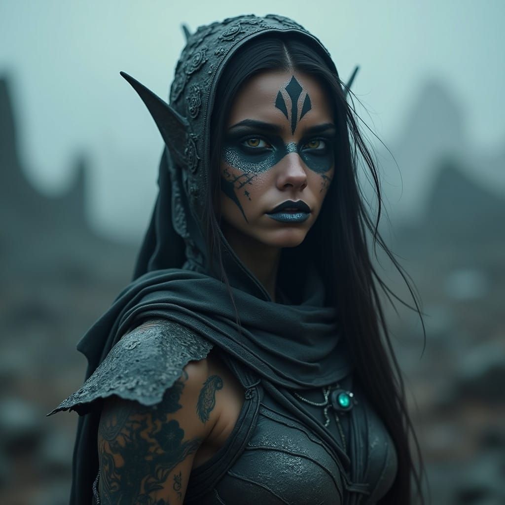 apocalyptic feral warrior with defined black warrior style makeup and blueish glitter makeup. must have matching lipstic...