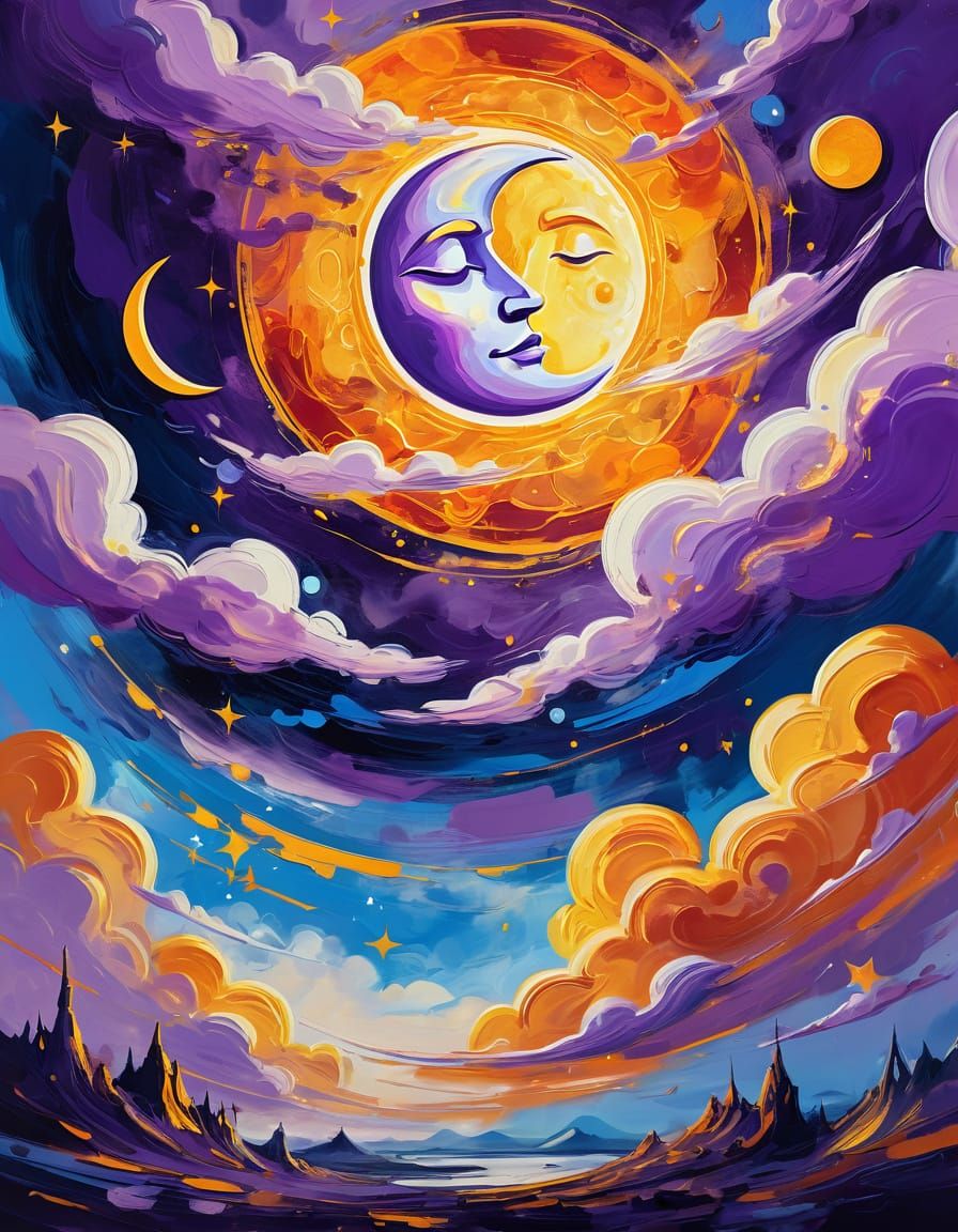Surreal Sun & Moon in Vibrant Abstract Expressionism
