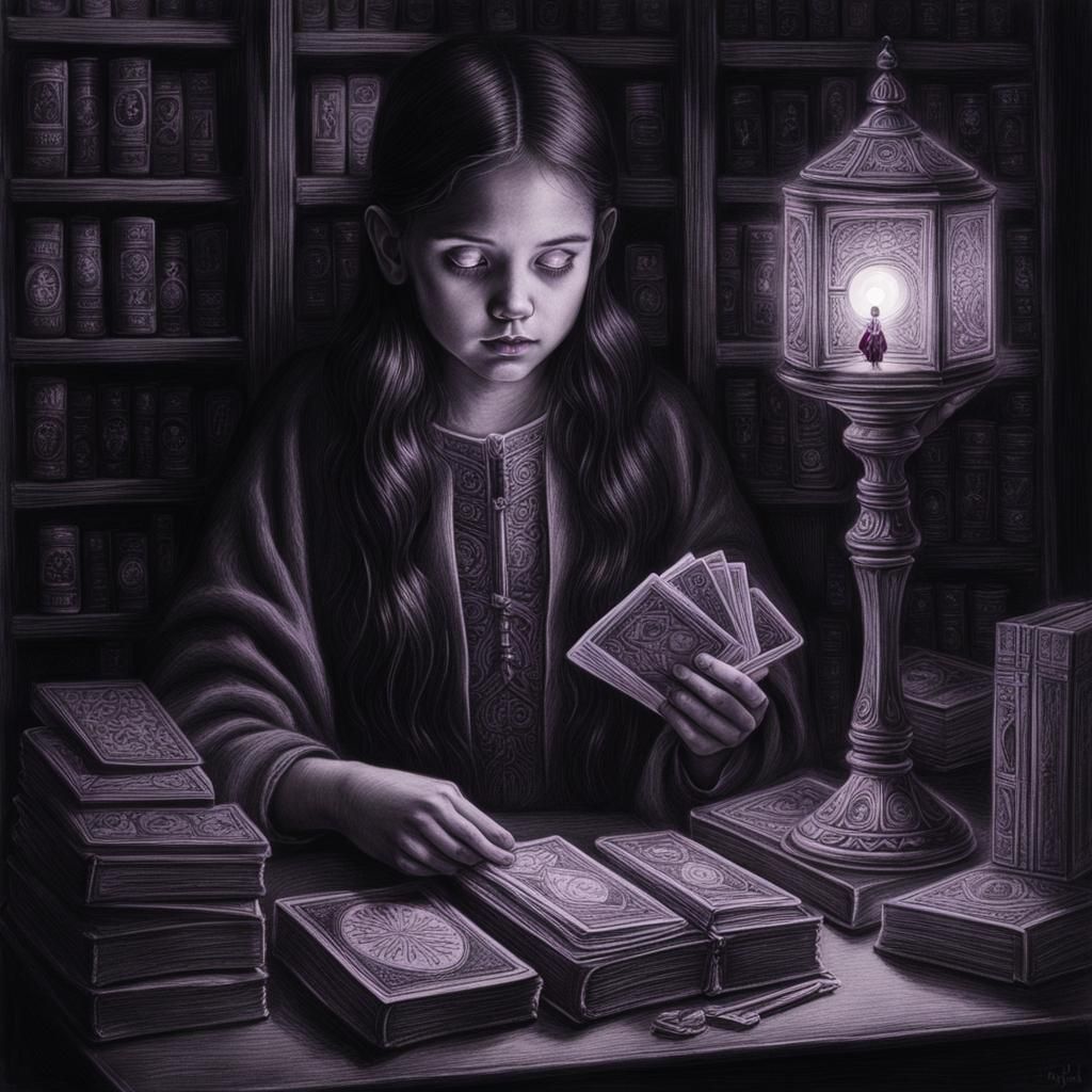Girl with Glowing Tarot Cards: Charcoal Drawing