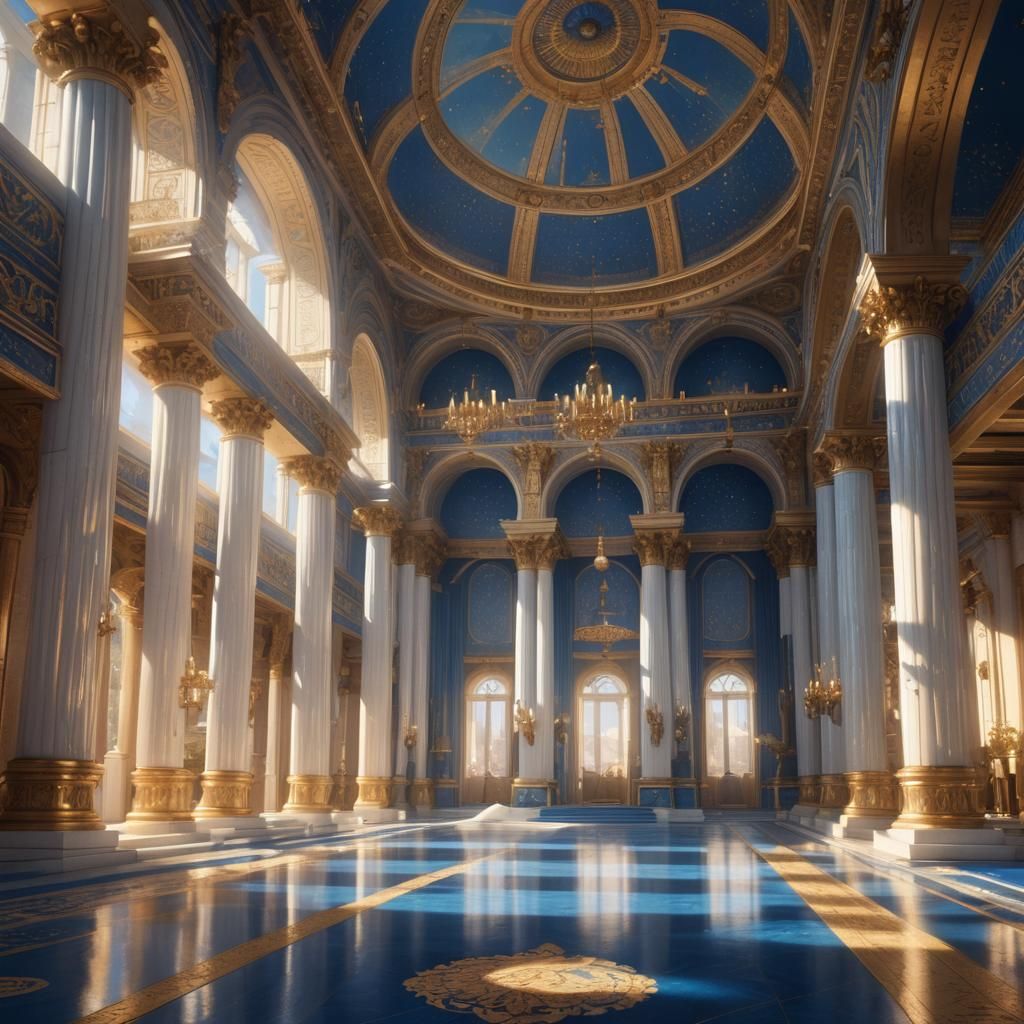 Fantasy Palace Hall with Blue Ornaments