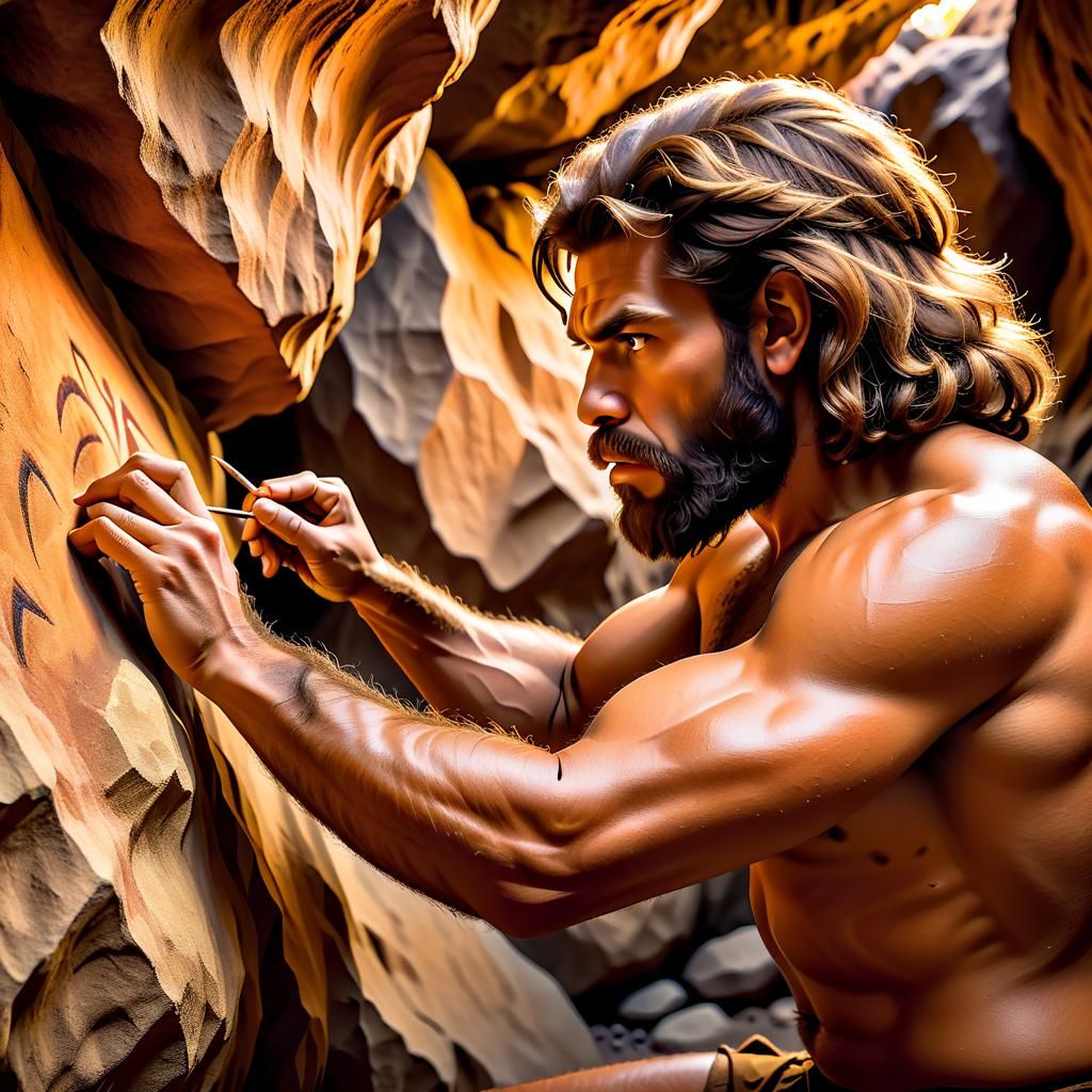 Caveman Creates Cave Painting in Golden Hour Light