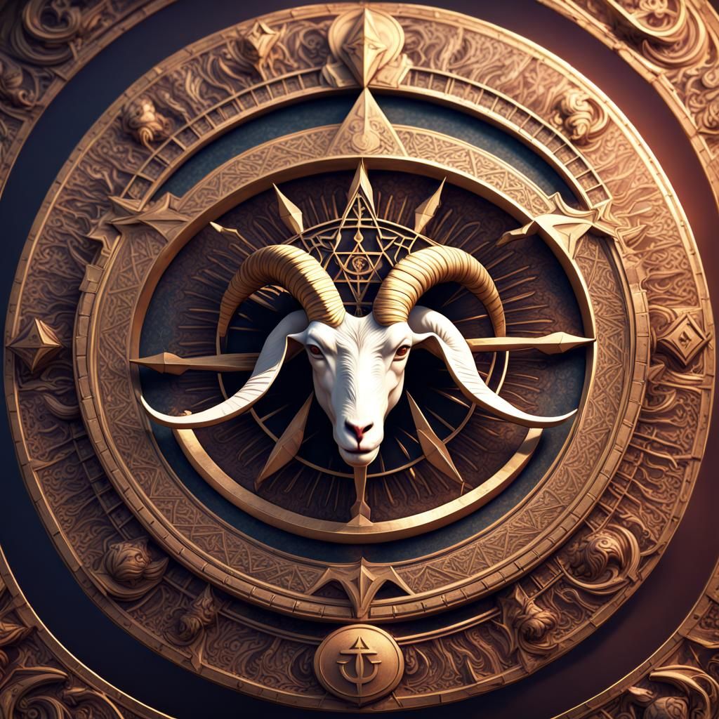 Illuminati Goat with Religious Symbols in Detailed Painting