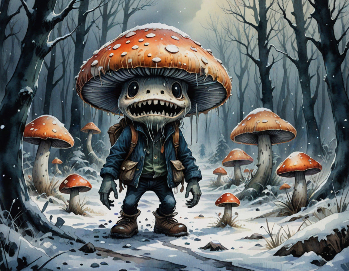 Dark Fantasy Mushroom Monstrosity in Snowy Wonderland