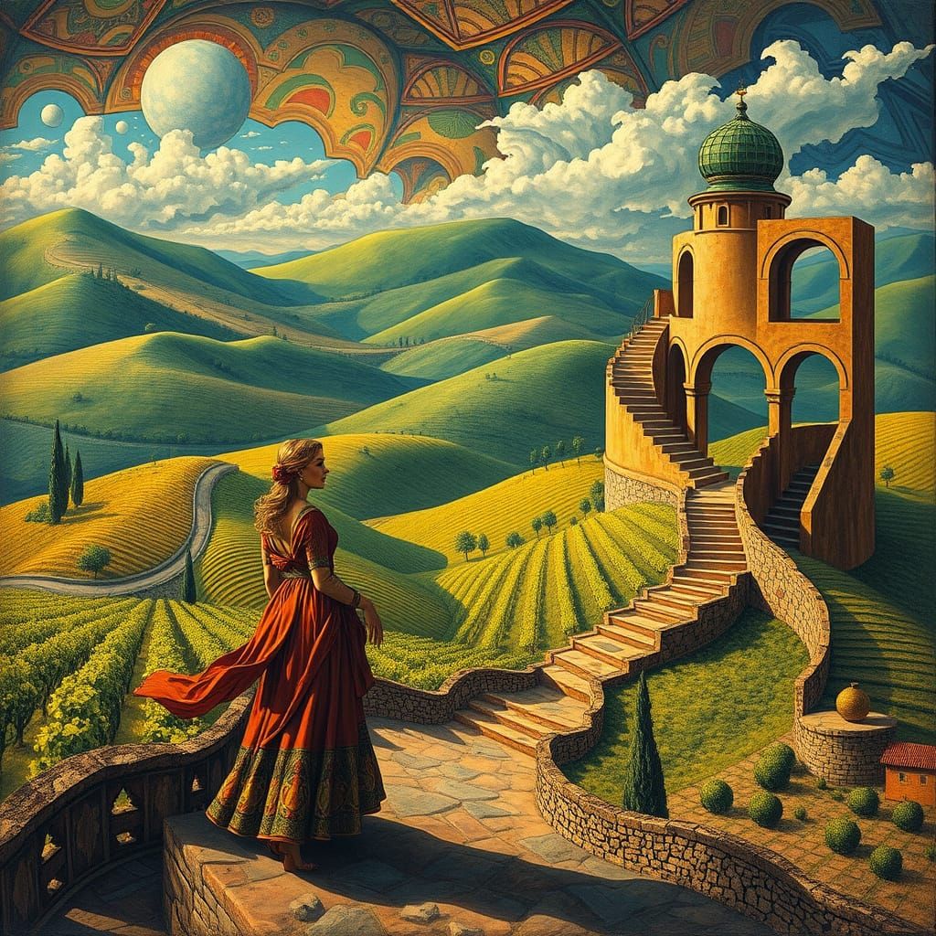 Surreal Tuscan Landscape with Dreamlike Figures